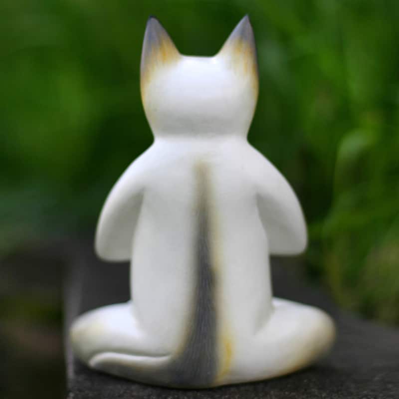 Cat In Meditation Handmade Kitten Kitty Prayer Zen Buddhist White Gray Feline Home Decor Desk Gift Wood Statuette