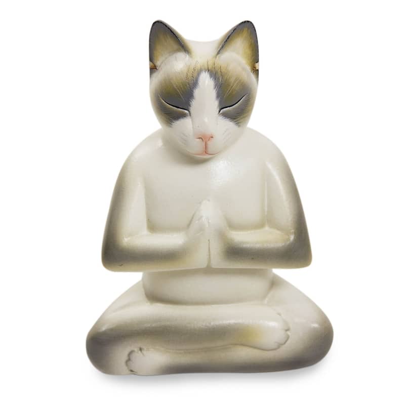 Cat In Meditation Handmade Kitten Kitty Prayer Zen Buddhist White Gray Feline Home Decor Desk Gift Wood Statuette - Wood statuette, 'Cat in Meditation' (INDONESIA)