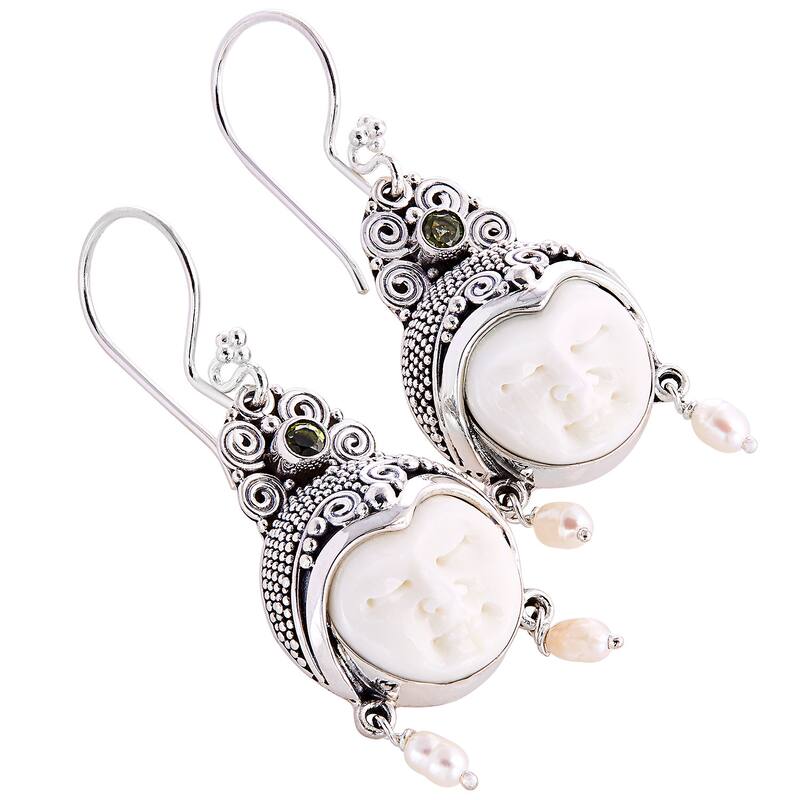 Day Dreamers Mythological Hand Carved Bone, Periodot, Pearls and 925 Sterling Silver Dangle Earrings