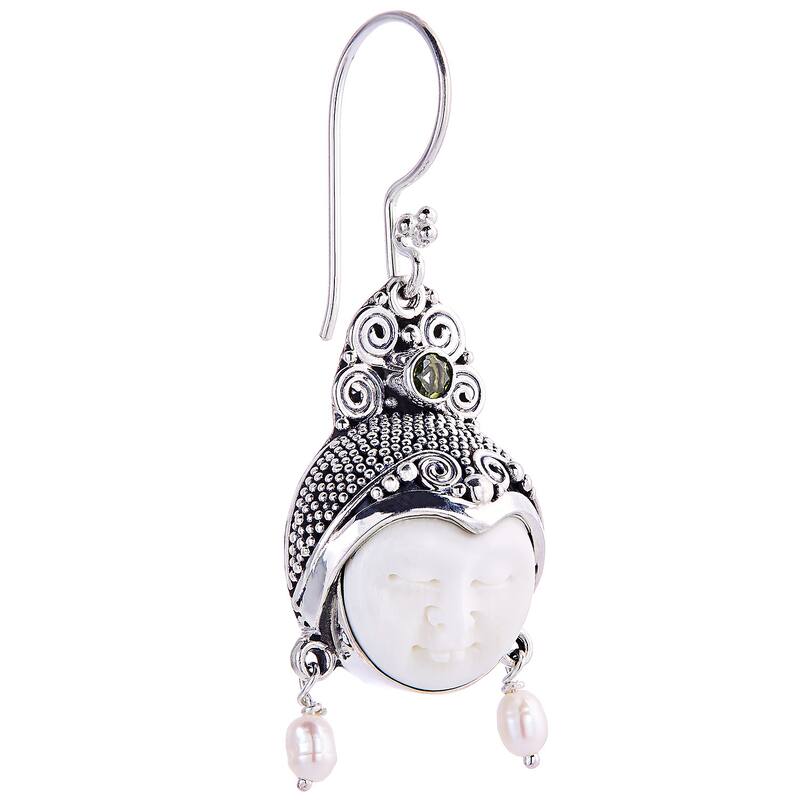 Day Dreamers Mythological Hand Carved Bone, Periodot, Pearls and 925 Sterling Silver Dangle Earrings