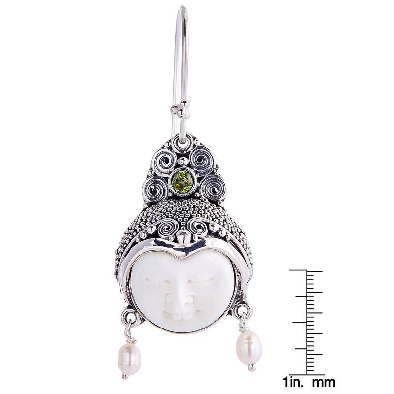 Day Dreamers Mythological Hand Carved Bone, Periodot, Pearls and 925 Sterling Silver Dangle Earrings
