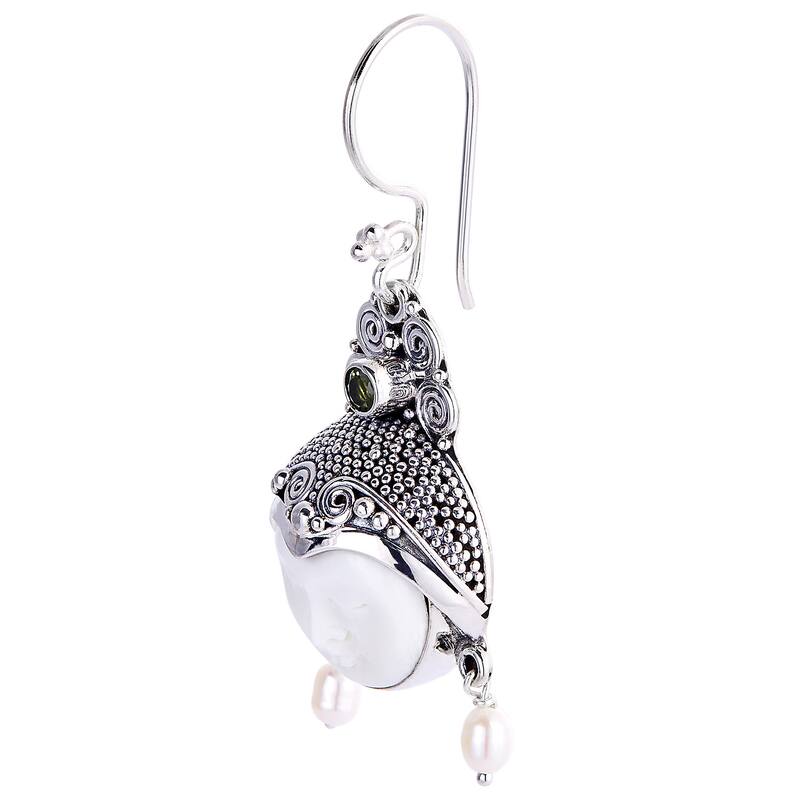 Day Dreamers Mythological Hand Carved Bone, Periodot, Pearls and 925 Sterling Silver Dangle Earrings