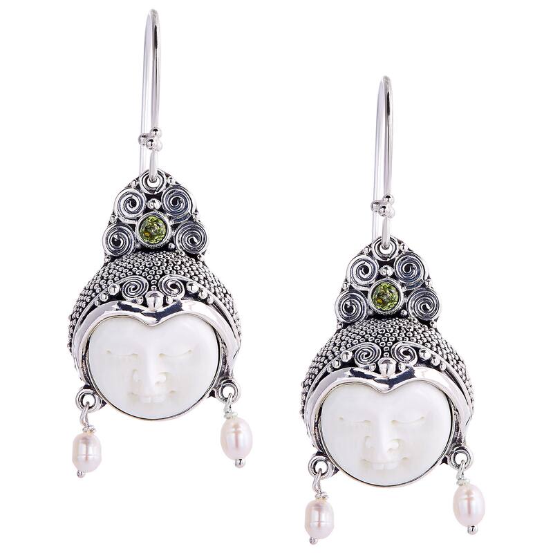 Day Dreamers Mythological Hand Carved Bone, Periodot, Pearls and 925 Sterling Silver Dangle Earrings - White - White