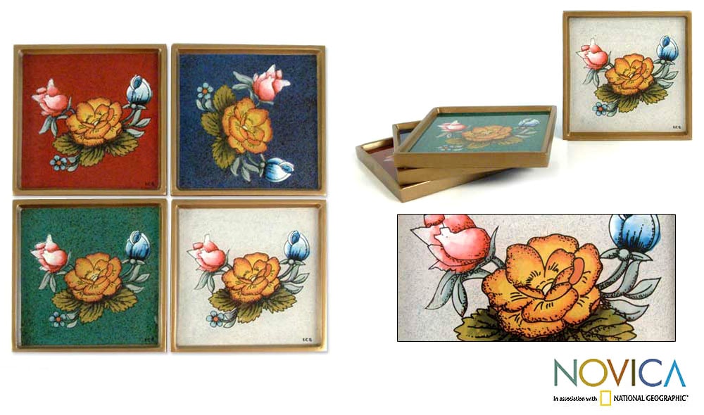 Set of 4 Painted Glass Roses Coasters (Peru)   Shopping