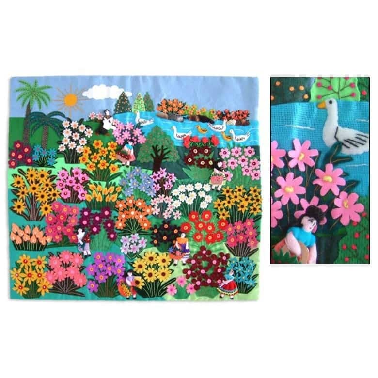 World Of Nature Cotton Multicolor Flowers Birds Sun Applique Wall Hanging