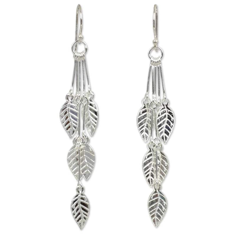 NOVICA Handmade Sterling Silver Leaf Chimes Dangling Leaf Style Earrings (Thailand) - 2.5*0.4 - White