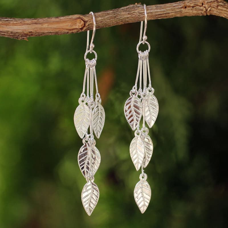 NOVICA Handmade Sterling Silver Leaf Chimes Dangling Leaf Style Earrings (Thailand) - 2.5*0.4