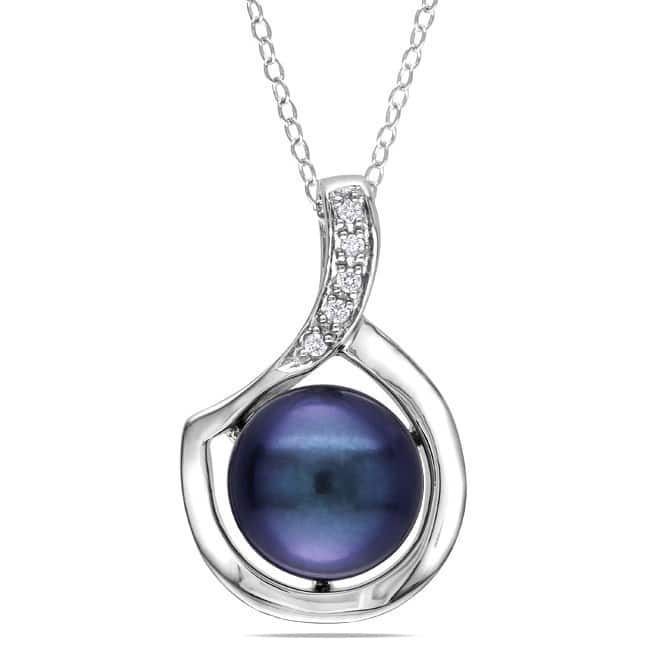 Miadora Sterling Silver Black or Pink Freshwater Pearl and Diamond Necklace (9-10 mm)