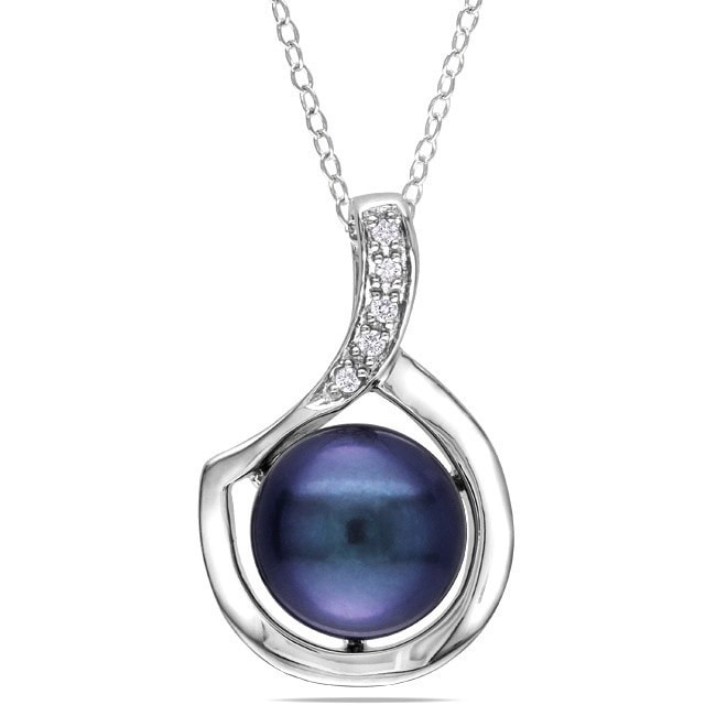 Miadora Sterling Silver Black or Pink Freshwater Pearl and Diamond Necklace (9-10 mm)