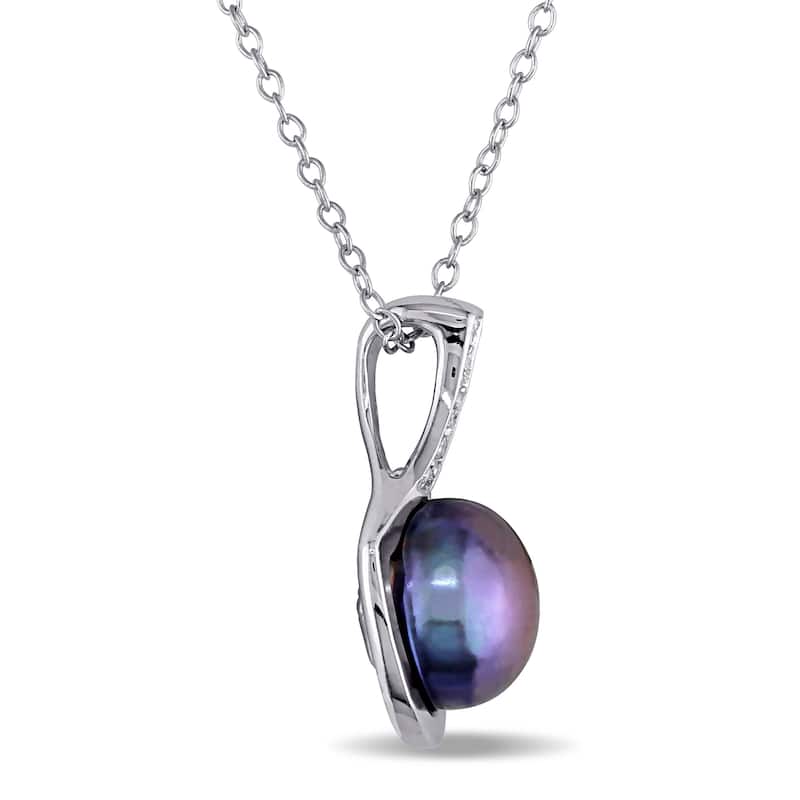 Miadora Sterling Silver Black or Pink Freshwater Pearl and Diamond Necklace (9-10 mm)