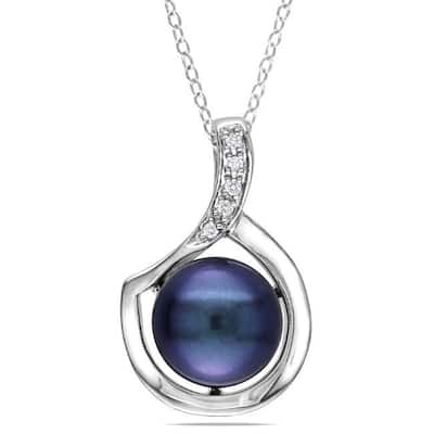 Miadora Sterling Silver Black or Pink Freshwater Pearl and Diamond Necklace (9-10 mm)