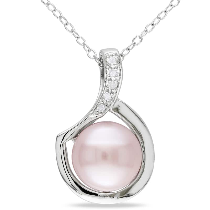 Miadora Sterling Silver Black or Pink Freshwater Pearl and Diamond Necklace (9-10 mm)
