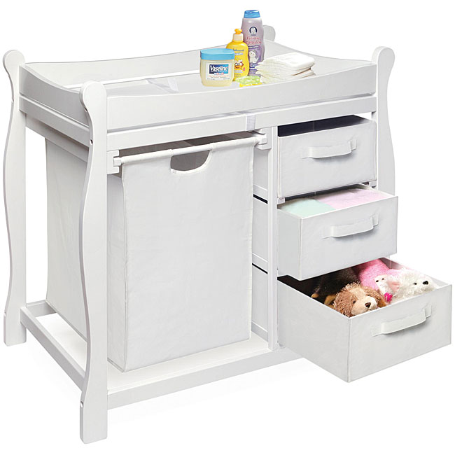 White Changing Table With Hamper And Three Baskets