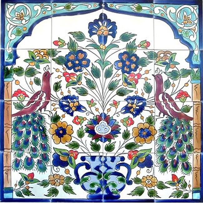 Mosaic 'Antique-looking Peacock' 16-tile Ceramic Wall Mural
