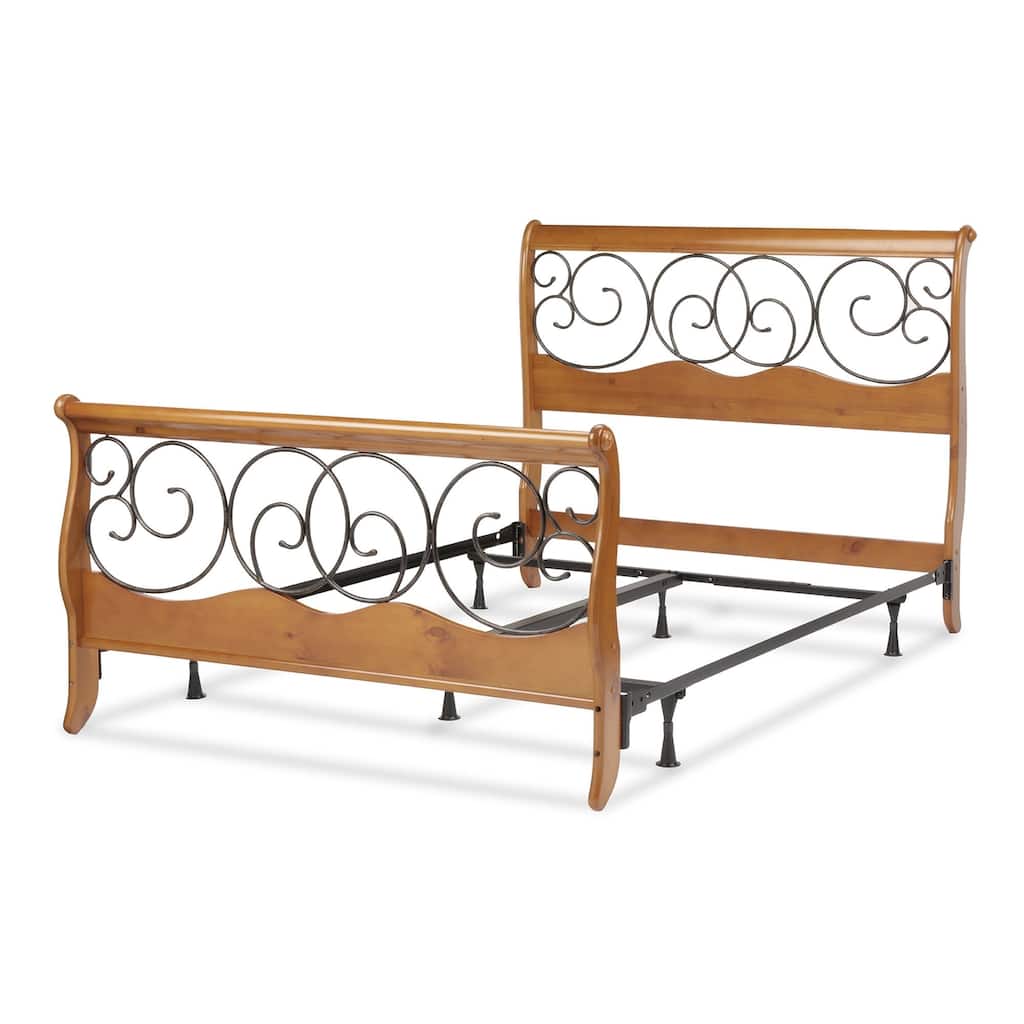 Leggett & Platt Dunhill Complete Bed with Wood Sleigh Style Frame and Autumn Brown Metal Swirling Scrolls