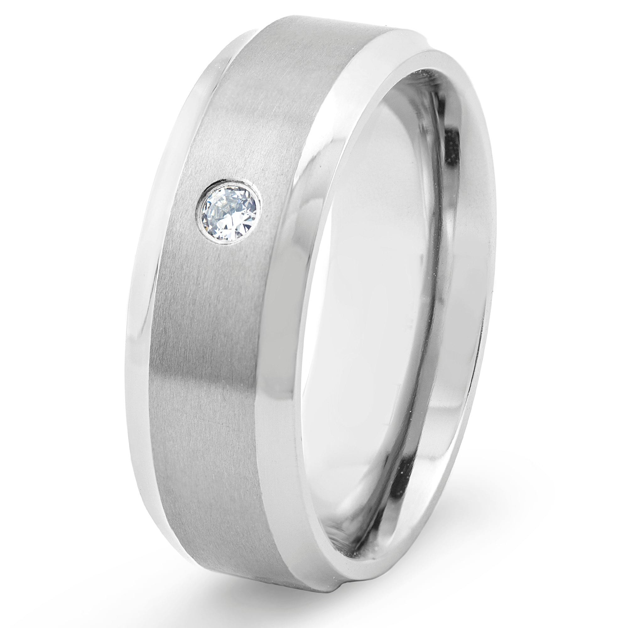 Shop Men's Titanium Satin Finish Beveled Edge CZ Ring (8 mm) - Free ...
