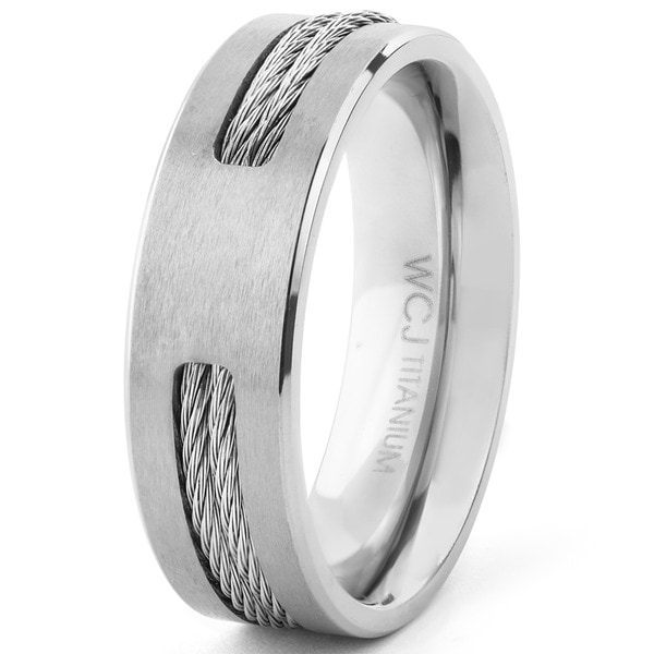 Men's Dual Finish Titanium Rope Inlay Beveled Comfort Fit Ring - 7mm ...