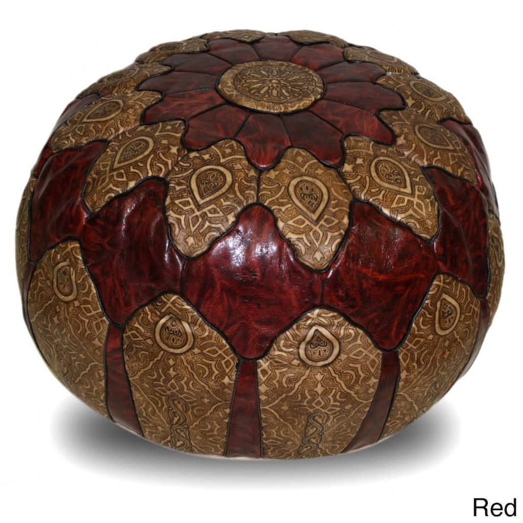 Handmade Genuine Leather Mosaic Ottoman Pouf (Morocco)