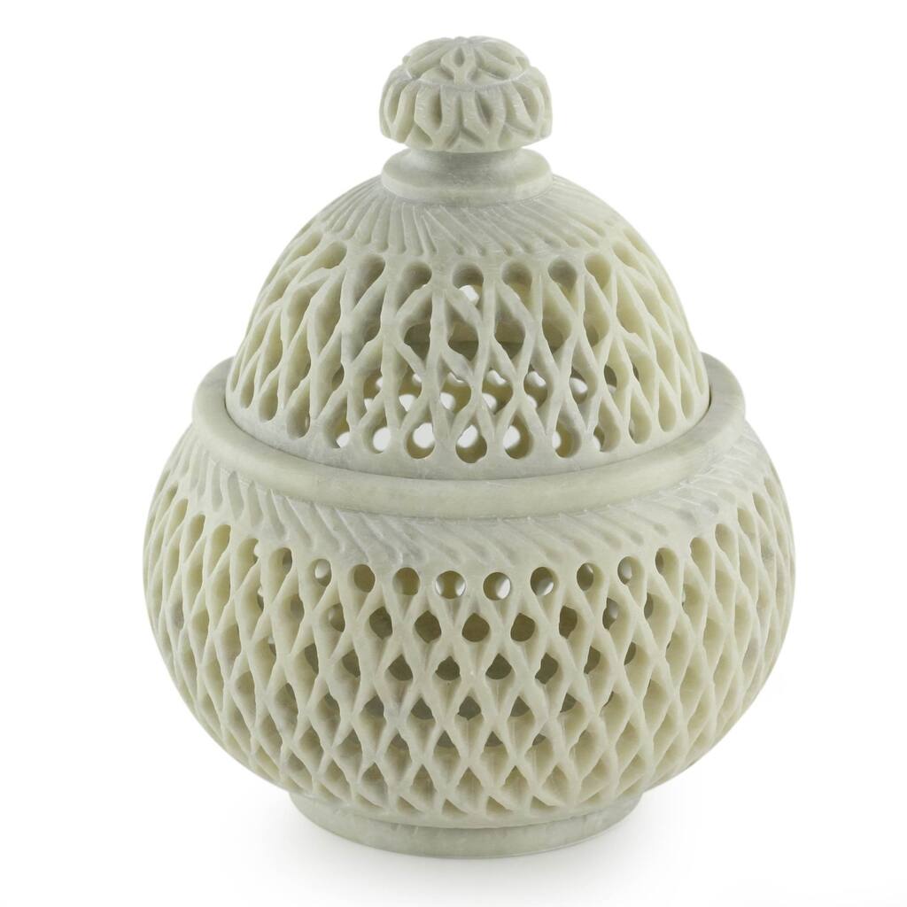 Handmade Lattice Lace Medium Soapstone Jar (India)