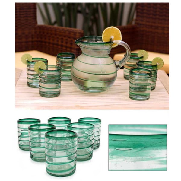 Handmade Emerald Spiral Clear Green Coil Set of Six Barware or Everyday Tableware Hostess Gift Handblown Drin (Thailand)