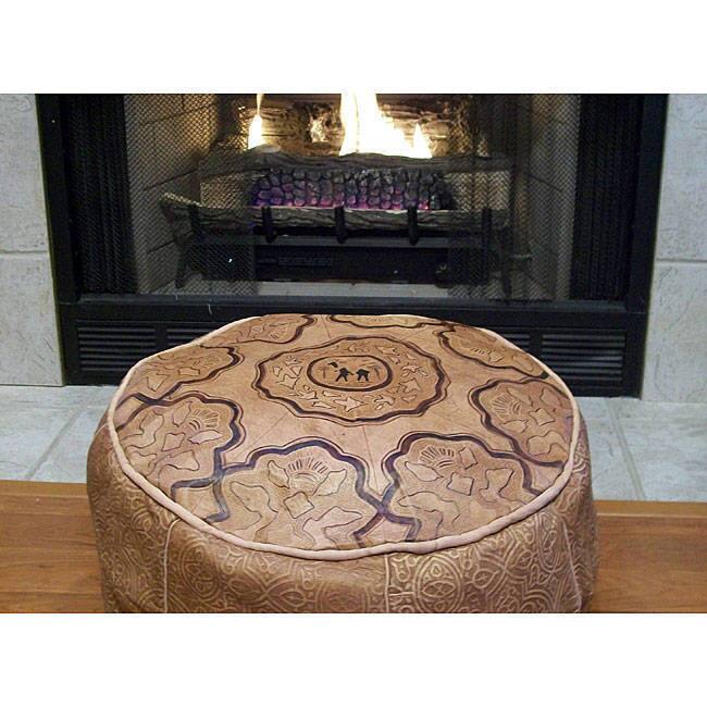 Handmade Genuine Leather Camel Ottoman Pouf (Morocco)