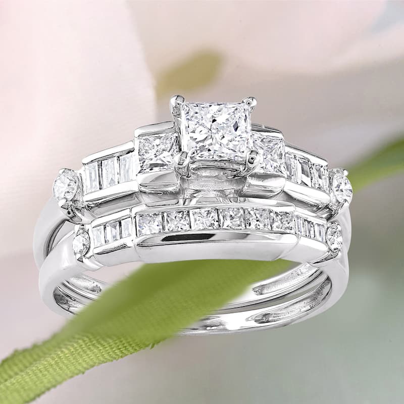 Miadora 1ct TDW Baguette and Princess-Cut Diamond 14k White Gold Bridal Ring Set