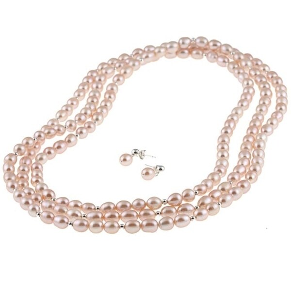 Davonna Silver Pink Fw Pearl 64 Inch Necklace And Earring Set Davonna Silver Pink Fw Pearl 64 Inch Necklace And Earring Set 7 8