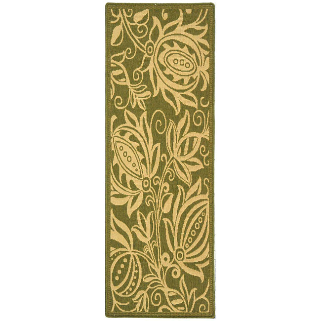 Indoor/ Outdoor Andros Olive/ Natural Runner (24 X 67) (GreenPattern FloralMeasures 0.25 inch thickTip We recommend the use of a non skid pad to keep the rug in place on smooth surfaces.All rug sizes are approximate. Due to the difference of monitor col