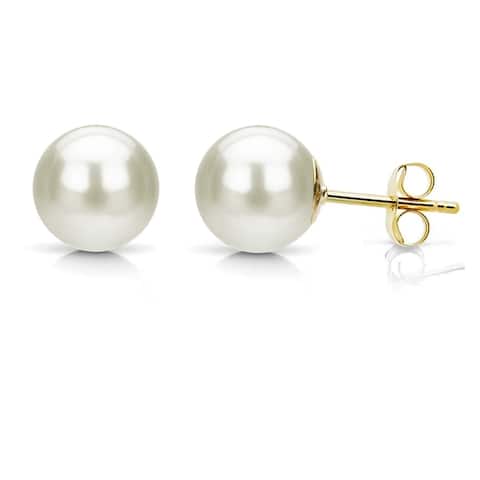 DaVonna 14k Yellow Gold AAA+ White Round Freshwater Pearl Stud Earrings with Gift Box