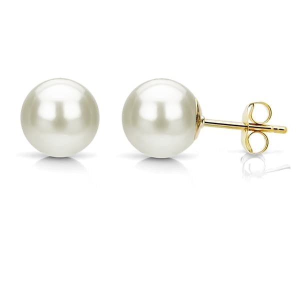 Round AAA++ 7-8 mm white akoya perfect pearl earring 14k yellow gold stud