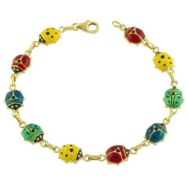14k Yellow Gold Multicolored Enamel Ladybug Bracelet Free Shipping