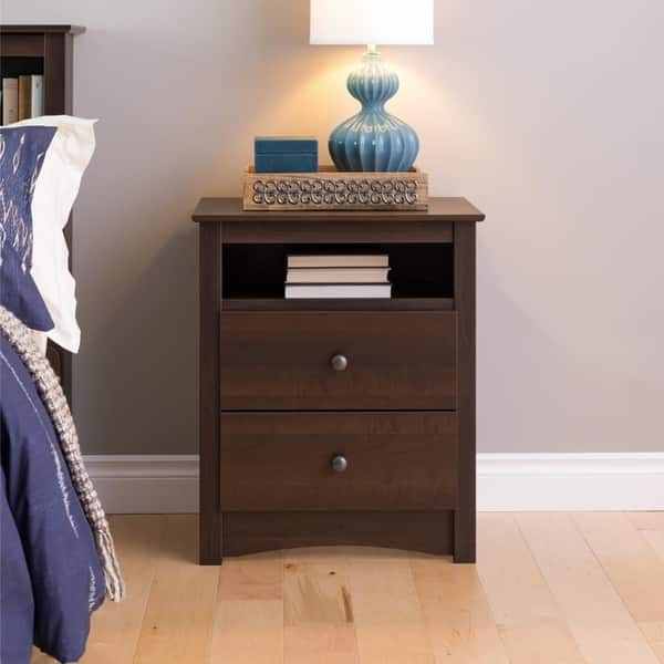 slide 2 of 10, Prepac Fremont 2 Drawer Nightstand: Elegant Bedroom Furniture, Bedside Table with Open Shelf, Espresso