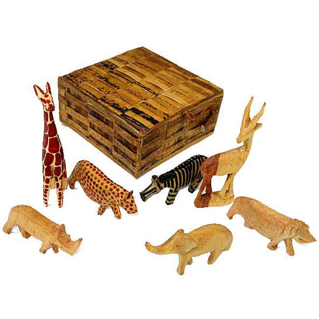 Set of 7 Wood Animal Miniatures with Box , Handmade in Kenya