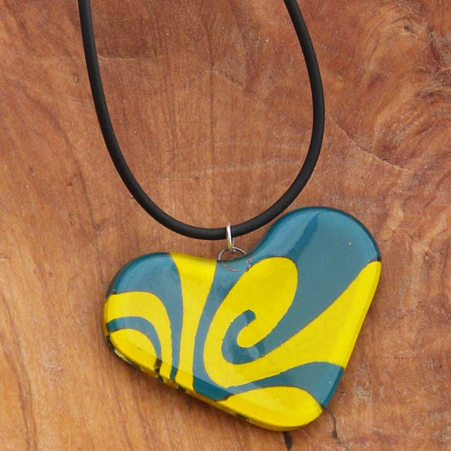 Shop Fused Glass Teal and Yellow Heart Necklace (Chile) Free Shipping