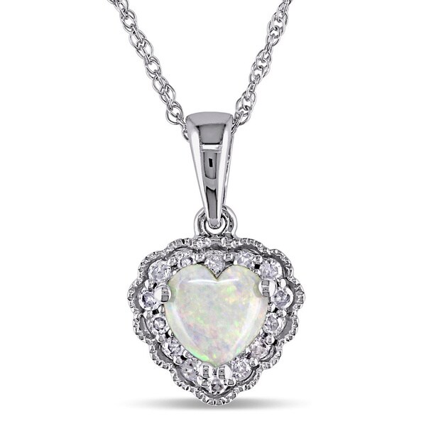 Shop Miadora 10k White Gold Opal/ Diamond Heart Necklace - Free ...