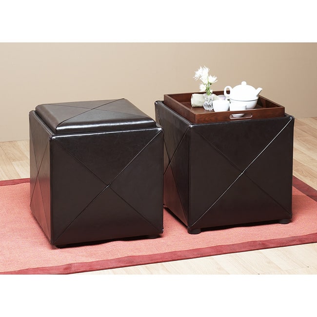 Chocolate Leather Storage Cube with Wood Serving Tray