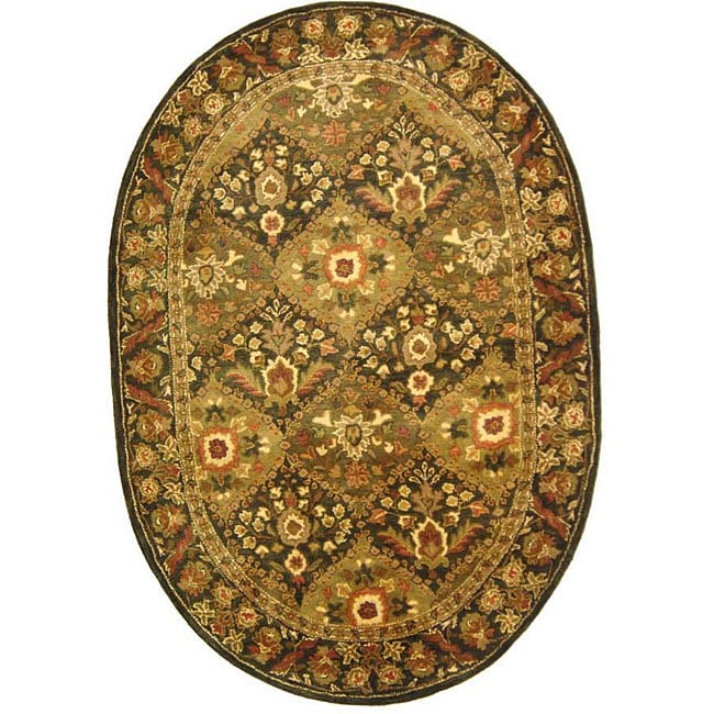 Handmade Tabriz Olive Wool Rug (46 X 66 Oval)