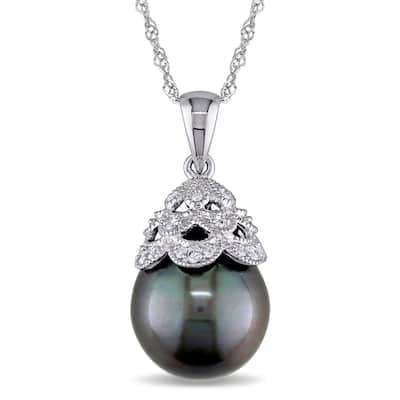 Miadora 10k White Gold Tahitian Pearl and Diamond Necklace