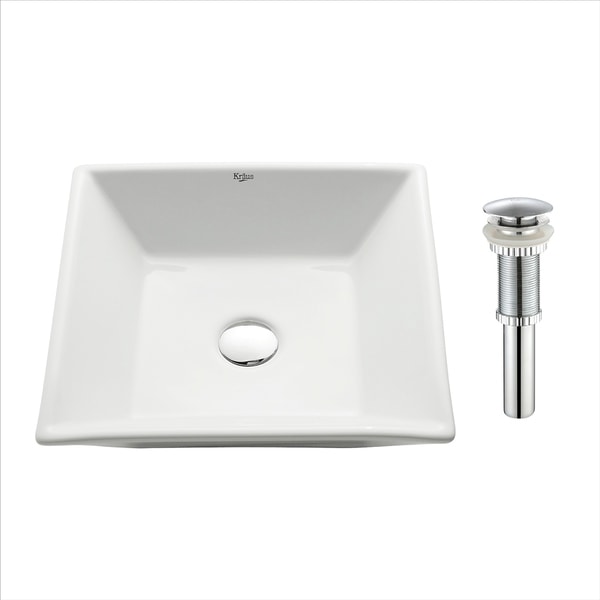 Kraus KCV-125 Elavo 16 Inch Square Vessel Porcelain Ceramic Vitreous Bathroom Sink in White with Pop Up Drain Chrome