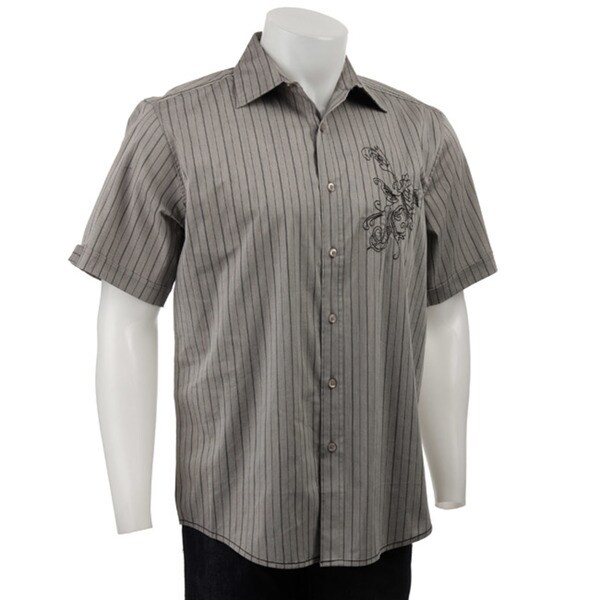 Shop Bruno Men's Grey Stripe Floral Motif Short-sleeve Shirt - Free