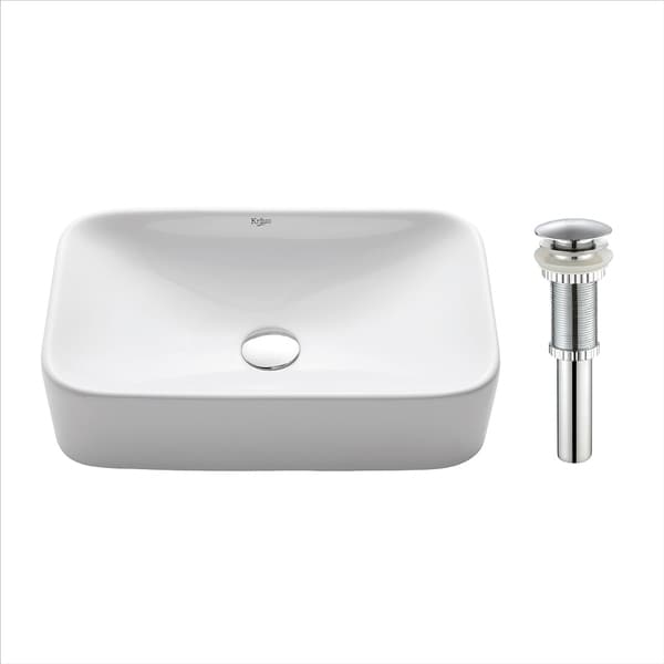 Kraus KCV-122 Elavo 19 Inch Square Vessel Porcelain Ceramic Vitreous Bathroom Sink in White with Pop Up Drain Chrome
