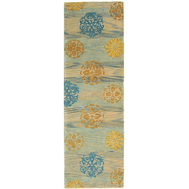 Handmade Rodeo Drive Blox Blue/ Multi N.Z. Wool Runner (26 X 8)