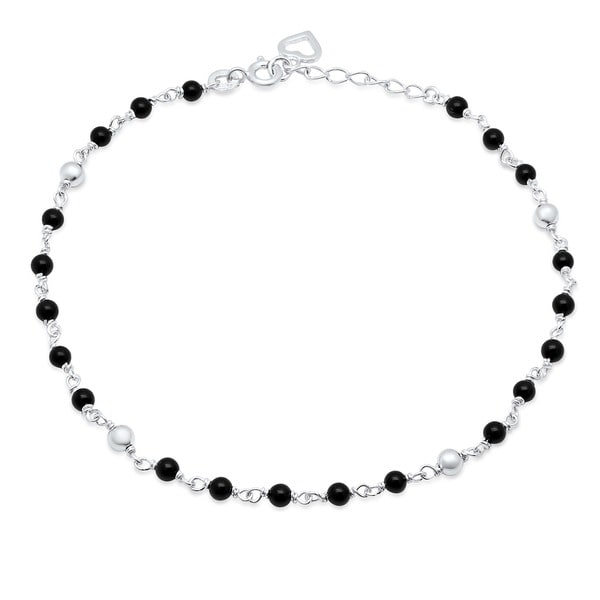 Sterling Silver 9-inch plus 1" extension Black Onyx Anklet