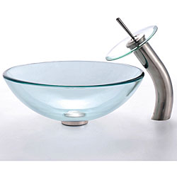 Shop Kraus Clear Glass Vessel Sink/ Sat-in Nickel Waterfall Faucet ...