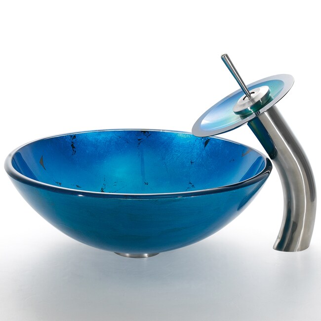 Kraus Irruption Blue Sink/ Waterfall Faucet Sat in Nickel