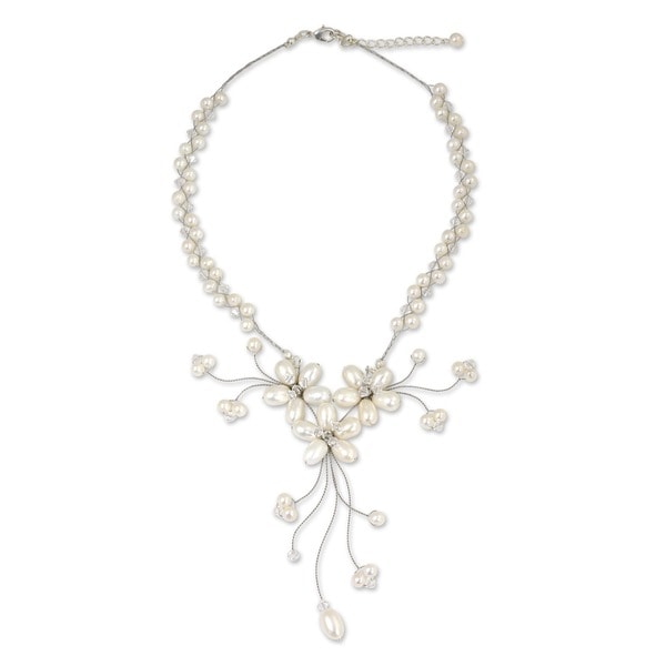 Shop Handmade Pearl and Glass 'White Pearl Bouquet' Necklace (4-8 mm ...