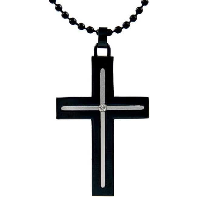 Black Stainless Steel Diamond Accent Cross Necklace - 12035338 ...