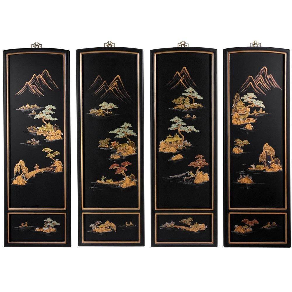 Handmade Set of Four Japanese Landscape Wall Plaques (China)