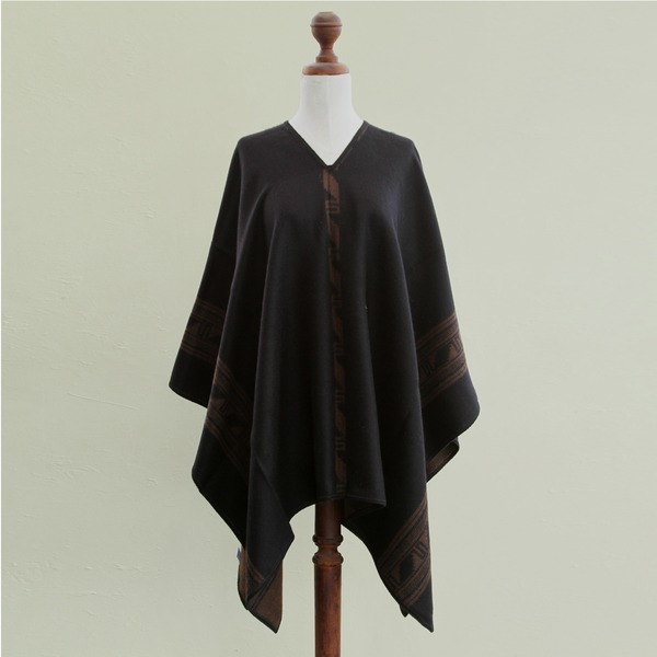 Brown Black Glyphs Alpaca Wool Reversible Poncho (Peru)  