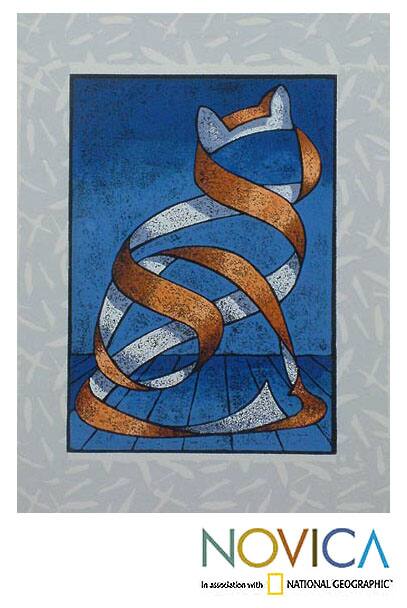 Handmade 'Seated Cat in Blue' Artwork (Brazil)